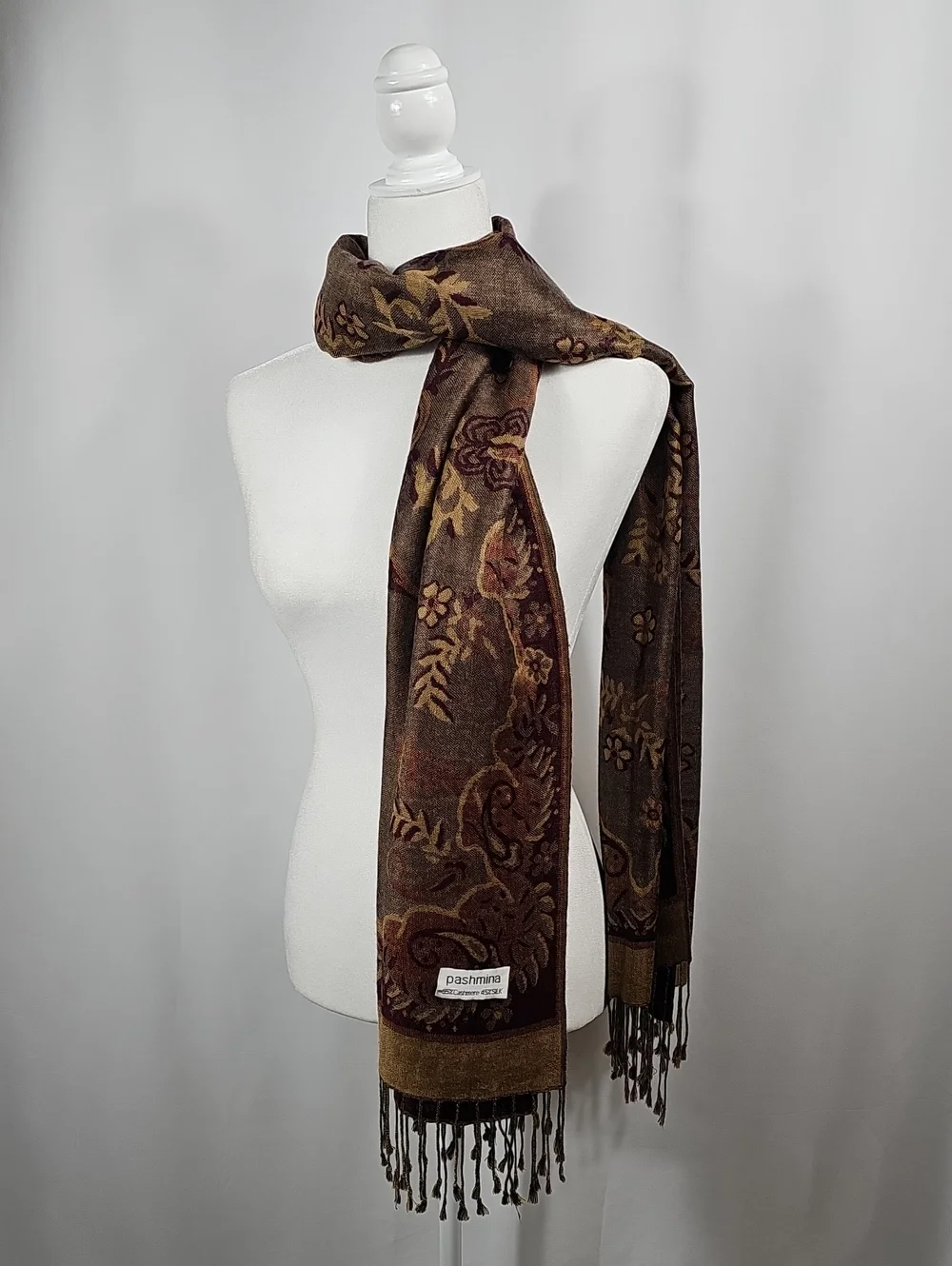 Cashmere Silk Pashmina Scarf Brown Paisley Floral Fringe Wrap Shawl Festival
